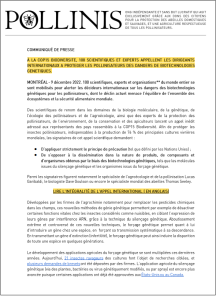 Premiere page Communiqué Appel des scientifiques pour protéger les pollinisateurs des biotechnologies