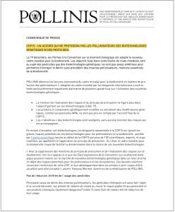 COMMUNIQUE DE PRESSE : COP15 UN ACCORD QUI NE PROTEGERA PAS LES POLLINISATEURS DES BIOTECHNOLOGIES GENETIQUES NI DES PESTICIDES.