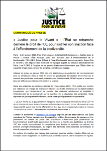 Capture d'écran du communiqué de presse Justice pour le vivant du 24 janvier 2023