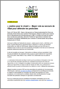 Capture d'écran de la premiere page du communiqué de Presse de Justice pour le vivant sur la demande d'intervention de Bayer dans le procès
