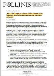 Capture d'écran du communiqué de presse : SDHI, Anses, le groupe de travail soulève plusieurs points inquiétants, le gouvernement doit appliquer le principe de précaution.