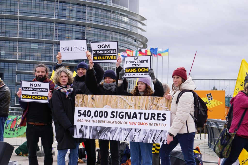 L'équipe POLLINIS et les 540 000 signataires de la pétition contre les nouveaux OGM devant le Parlement européen.