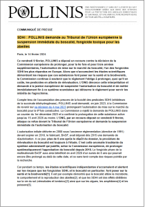 Capture d'écran du communiqué de Pollinis demandant la suspension du boscalid, fongicide SDHI toxique pour les abeilles