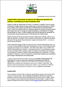 Capture d'écran du CP de Justice pour le vivant sur l'intervention de phyteis en appel et le plan Ecophyto