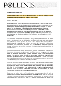 capture du communiqué de pollinis sur la décision de la Cour de justice de l'UE, contre la commission européenne, pour accéder à des documents issus du scopaff