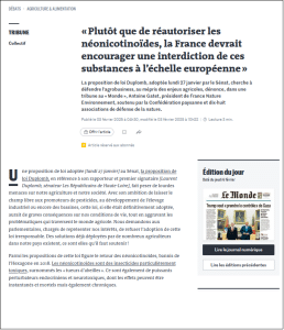 capture d'écran d'une tribune publiée sur le monde contre la proposition de loi duplomb